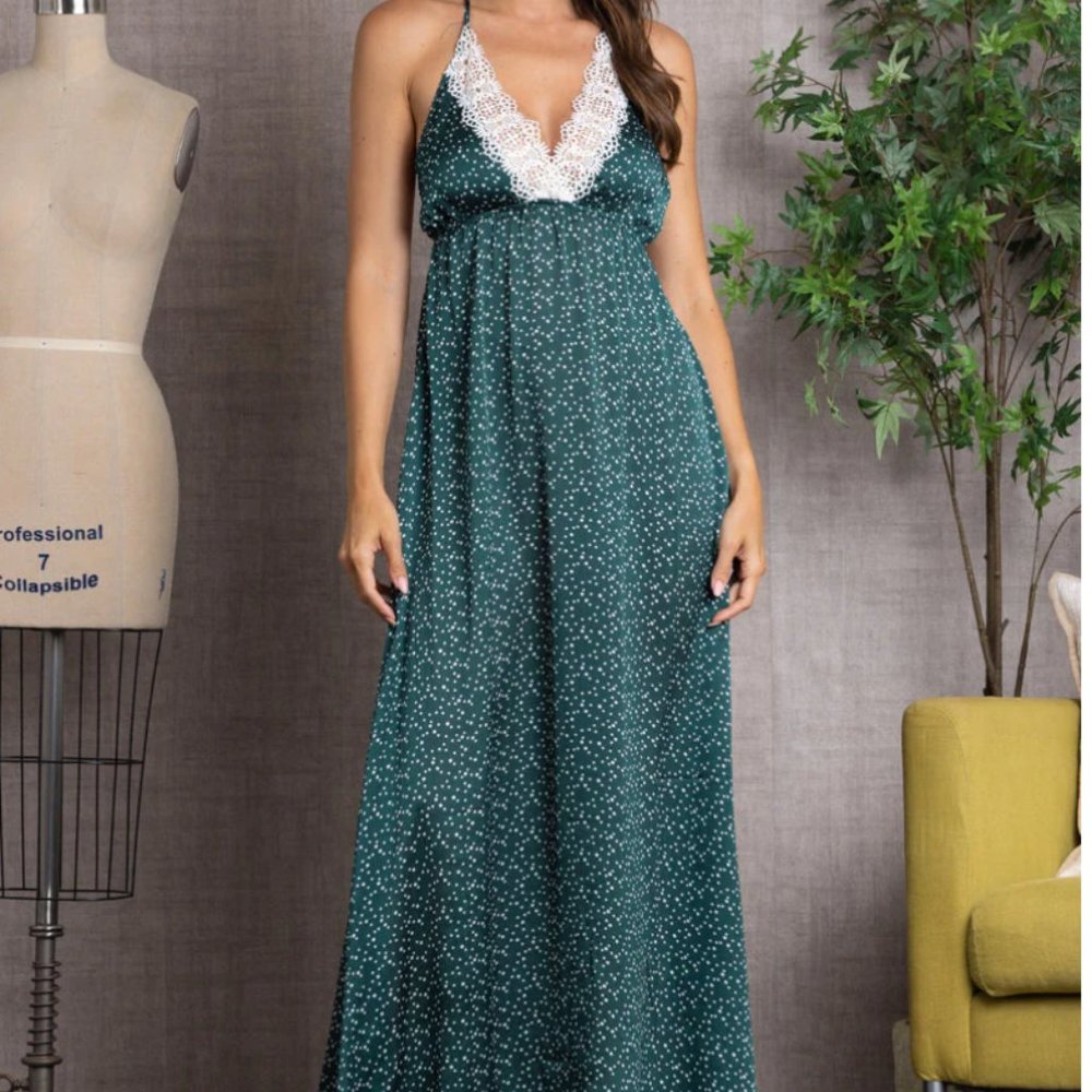 🌲DARK GREEN POLKA DOTS PRINT WHITE LACE MAXI DRESS